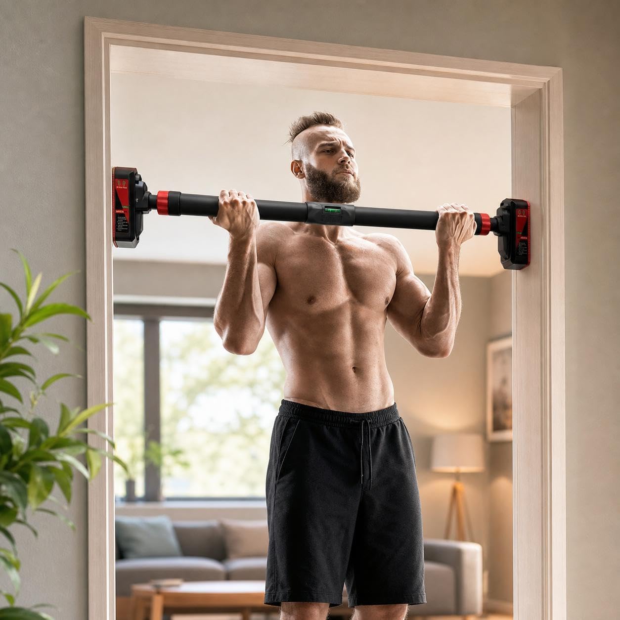 Home Gym Routine - บาร์โหนติดประตู บาร์โหนติดกรอบประตูพร้อมตัวล็อกนิรภัย อุปกรณ์ออกกำลังกายสำหรับใช้ที่บ้าน ฝึกกล้ามเนื้อส่วนบน พร้อมฟังก์ชันออกกำลังกายแบบ 4-in-1